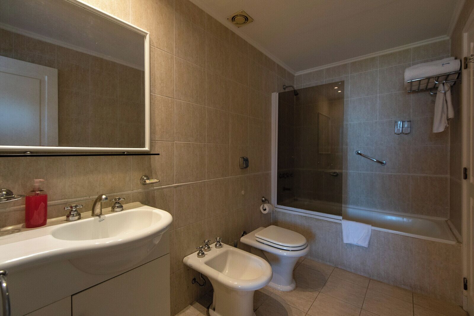 A bathroom with a sink, toilet, bidet, and a glass-enclosed shower.