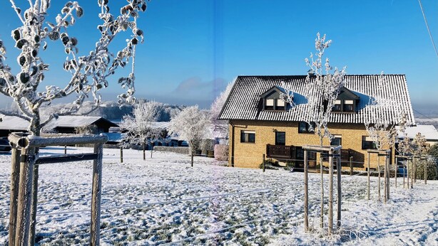 A traditional wooden house with a tiled roof, surrounded by a snow-covered landscape and sparse trees. - Country life, quiet and modern on our farm, bay window apartment with great views (Windeck)