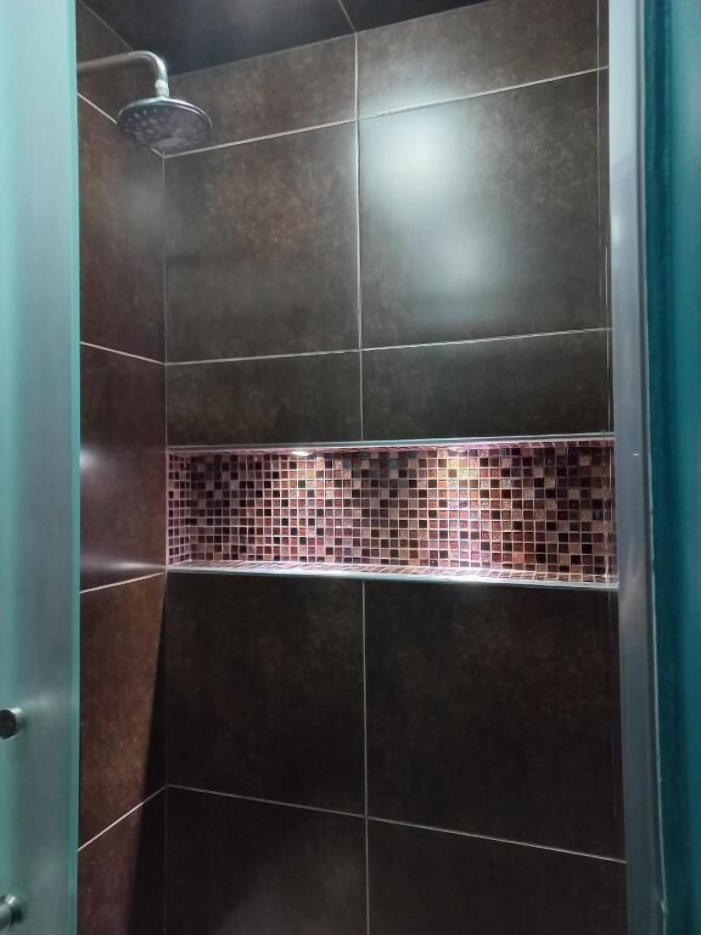 A shower area with dark tiles and a mosaic tile border.