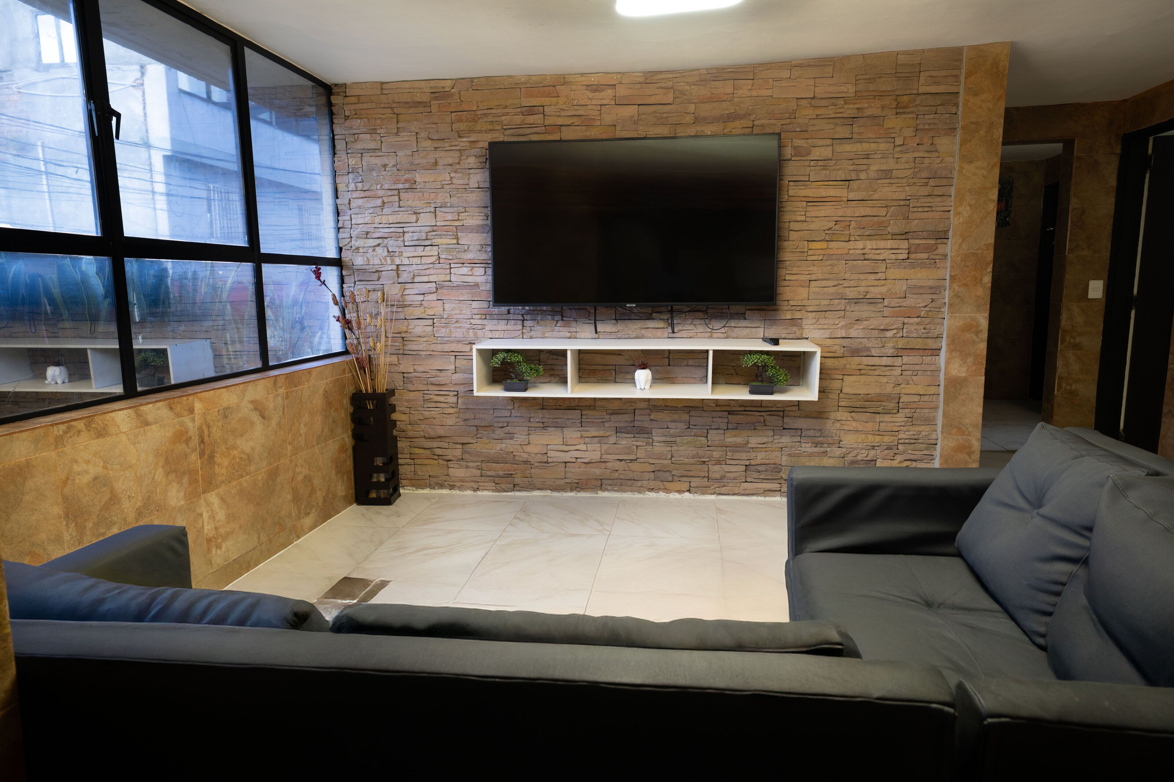 Un salon avec un mur en pierre, un téléviseur fixé au mur, un canapé et une petite étagère avec des plantes.