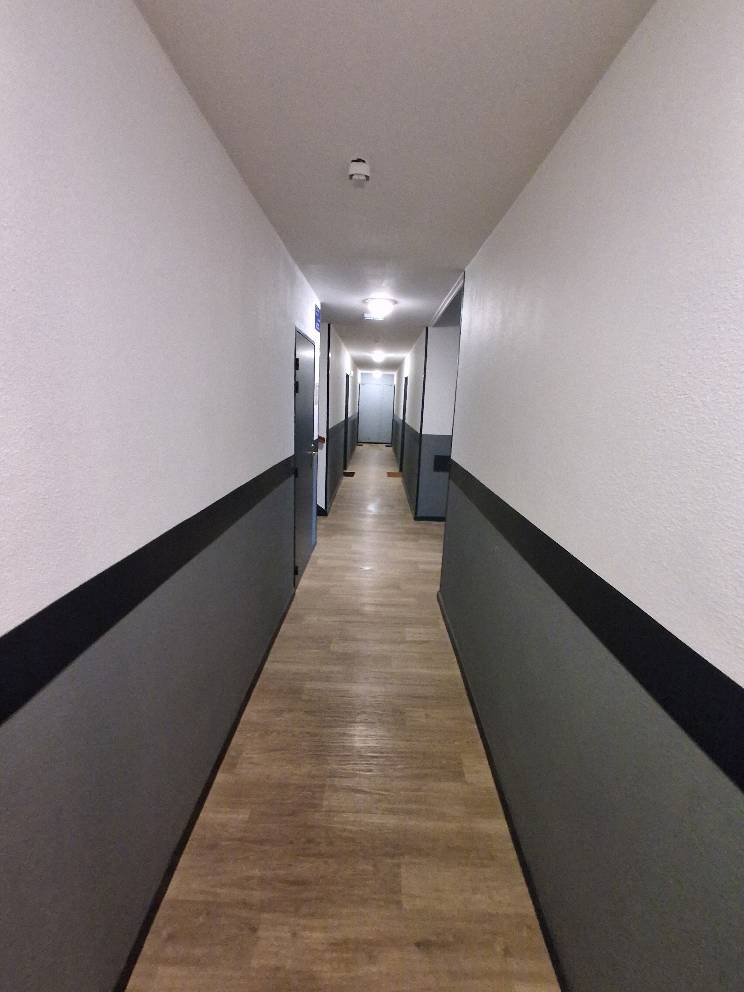 A long, narrow hallway with wooden flooring and black and white walls.