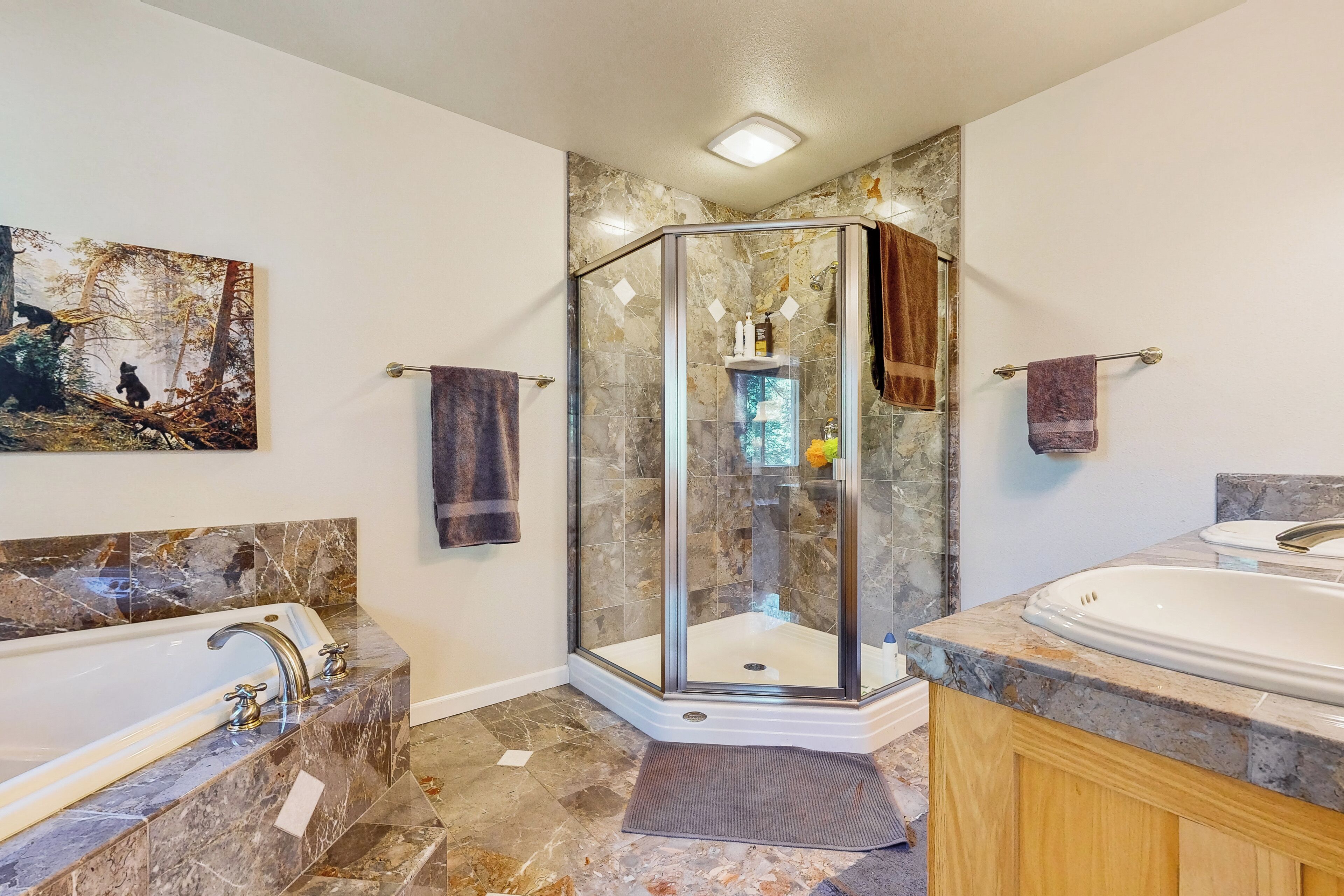 A bathroom with a glass-enclosed shower, a bathtub, and a sink.
