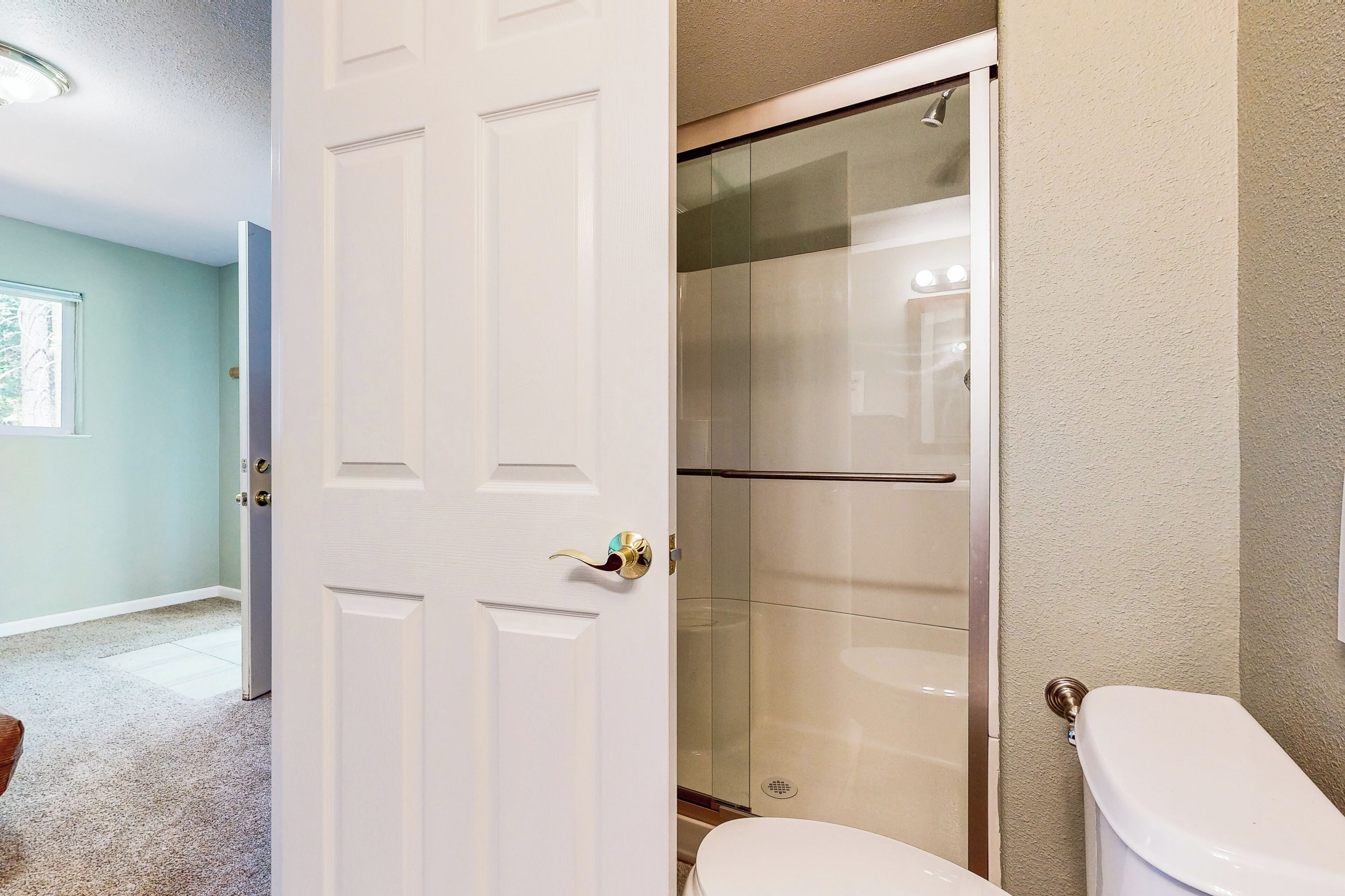 A bathroom with a glass shower enclosure, a white toilet, and a door with a gold handle.