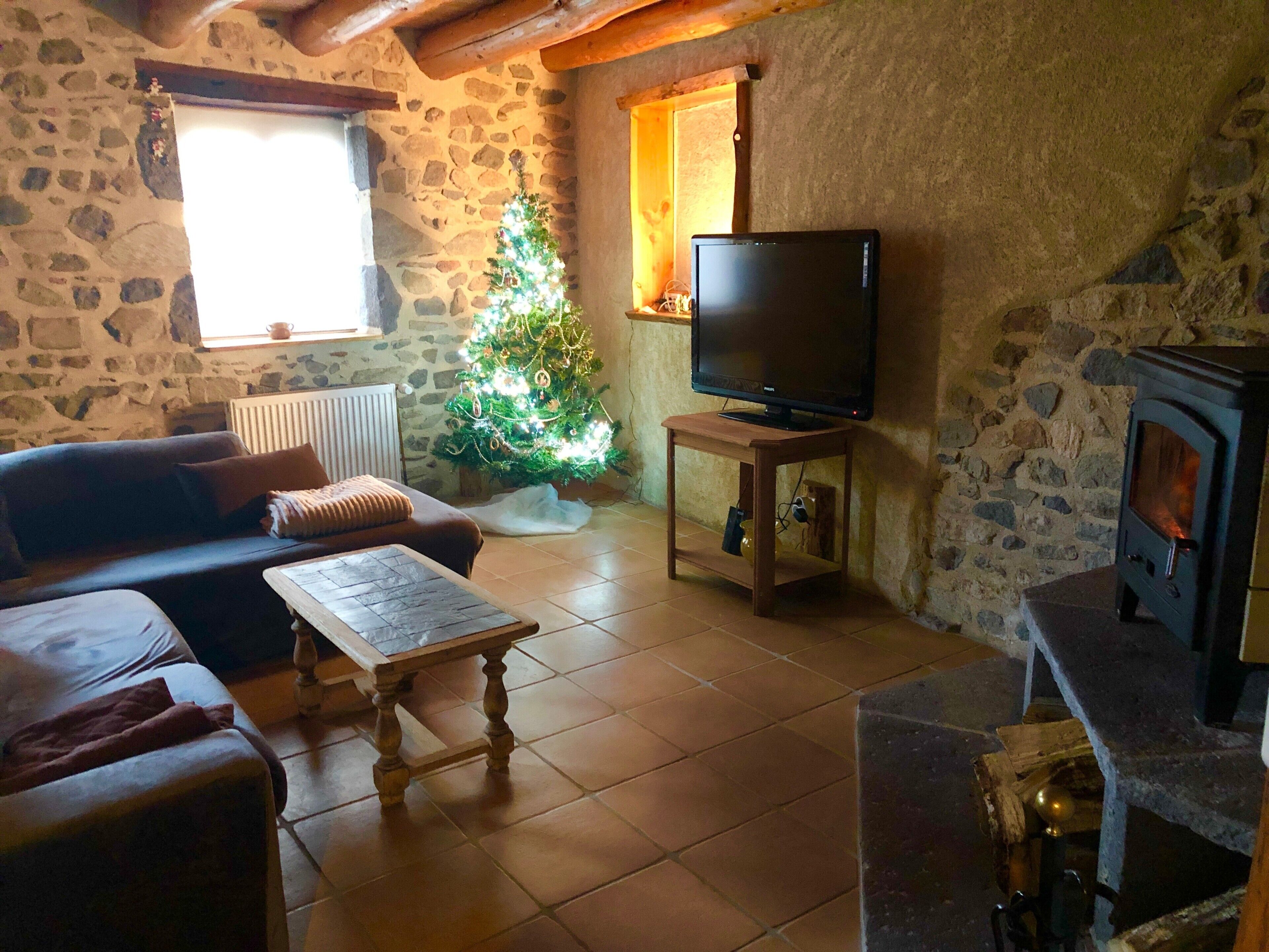 Télévision, cheminée, lecteur de DVD