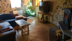 Una sala de estar acogedora con una pared de piedra, una chimenea, un televisor sobre un soporte de madera y un árbol de Navidad decorado.