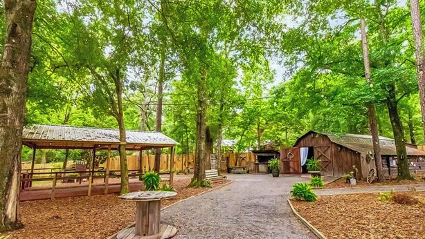 Un chalet rustique en bois, doté d’un toit de chaume, entouré d’une végétation luxuriante et accessible par un chemin de gravier menant à un espace de repos abrité.