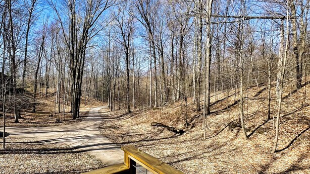 A forested area with a dirt path and wooden railings. - Half-mile to Crystal Lake! Couples Retreat w/ Deck (Beulah)