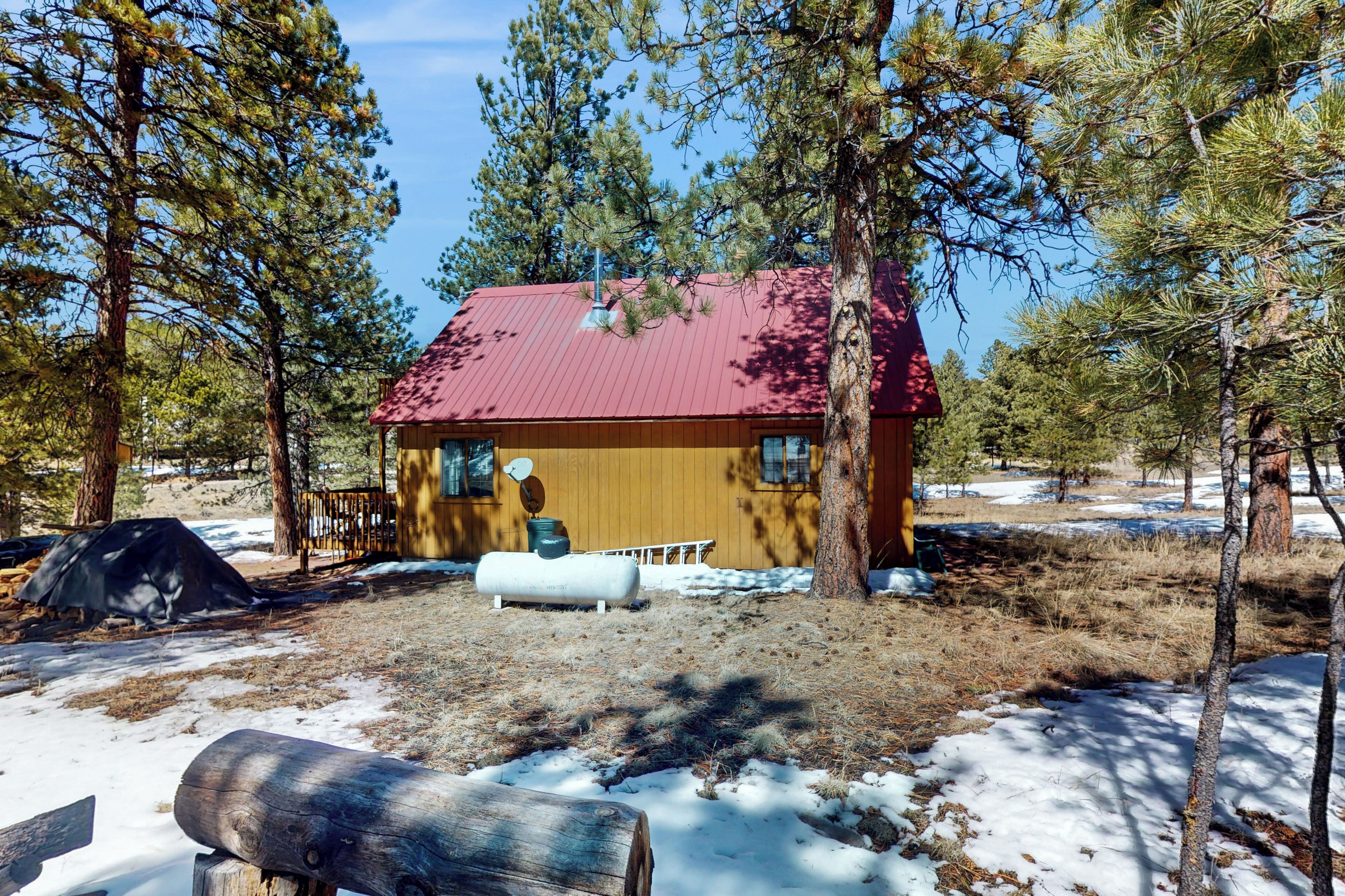 A cabin with a red roof surrounded by trees, a satellite dish, and a tent.