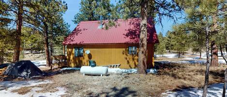 A cabin with a red roof surrounded by trees, a satellite dish, and a tent.