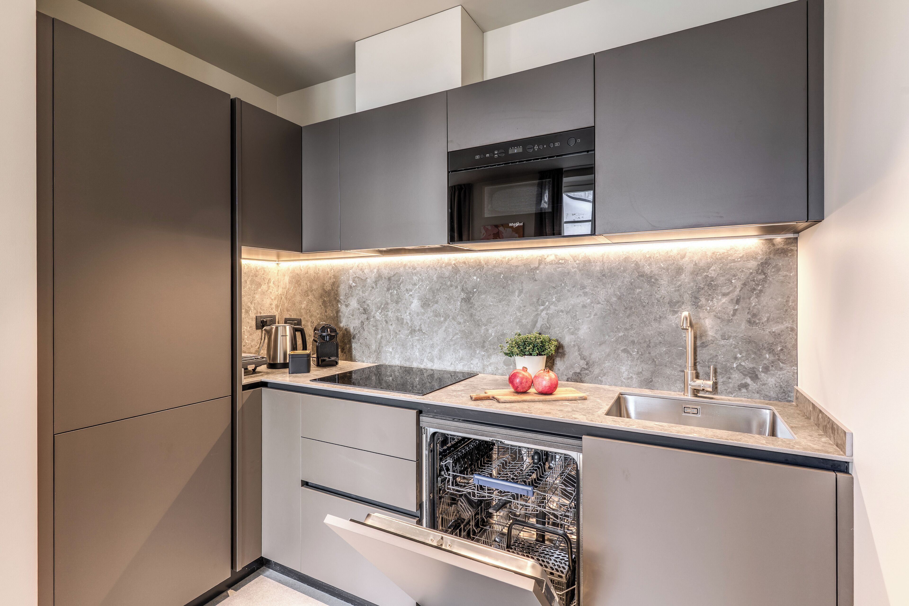Een moderne keuken met grijze kastjes, een ingebouwde oven, een vaatwasser en een aanrecht met een spoelbak en een potplant.