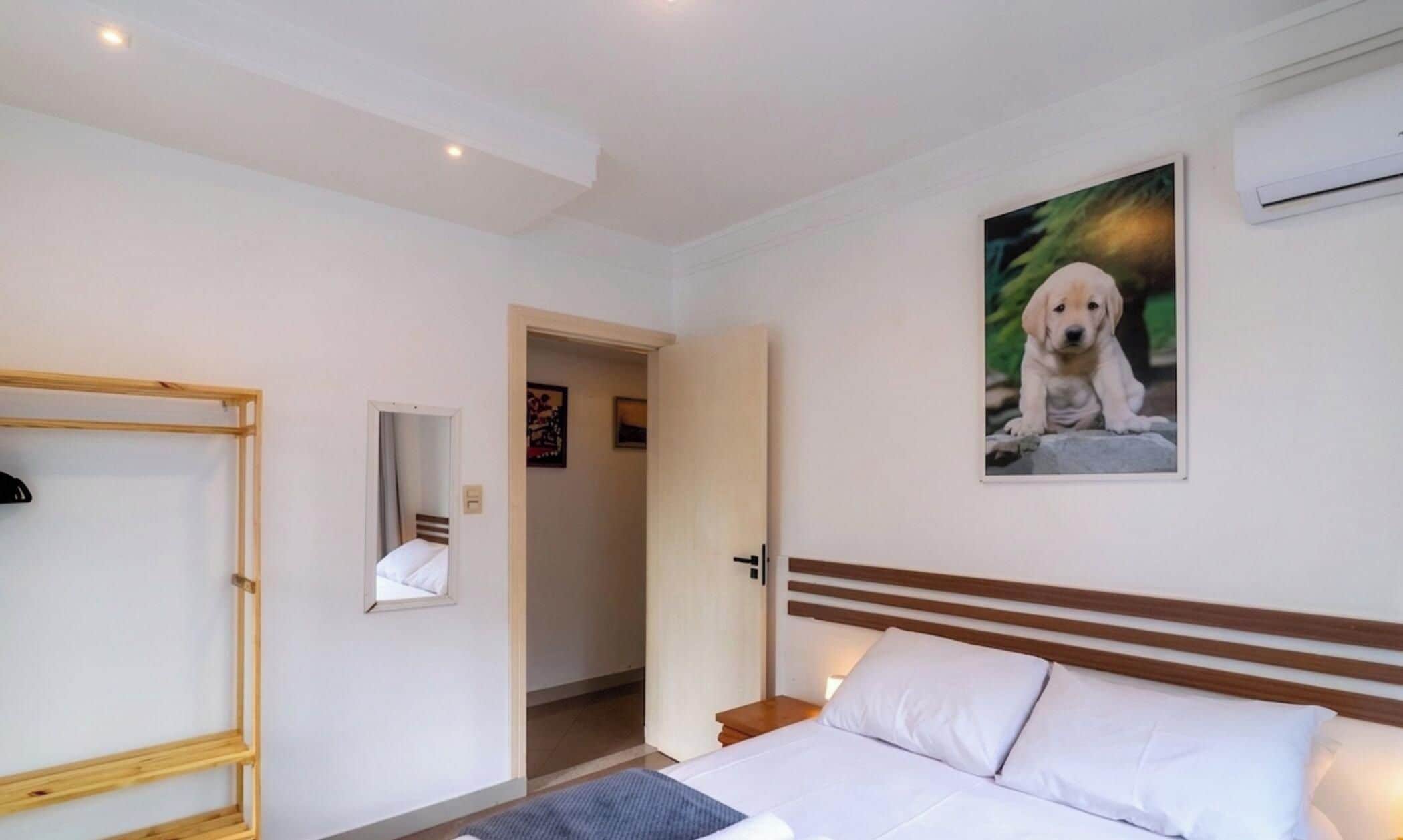 Una habitación de hotel con una cama, cabecera de madera, un cuadro de un perro y una puerta que da a otra habitación.