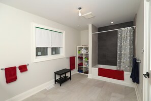 Shower, towels, toilet paper