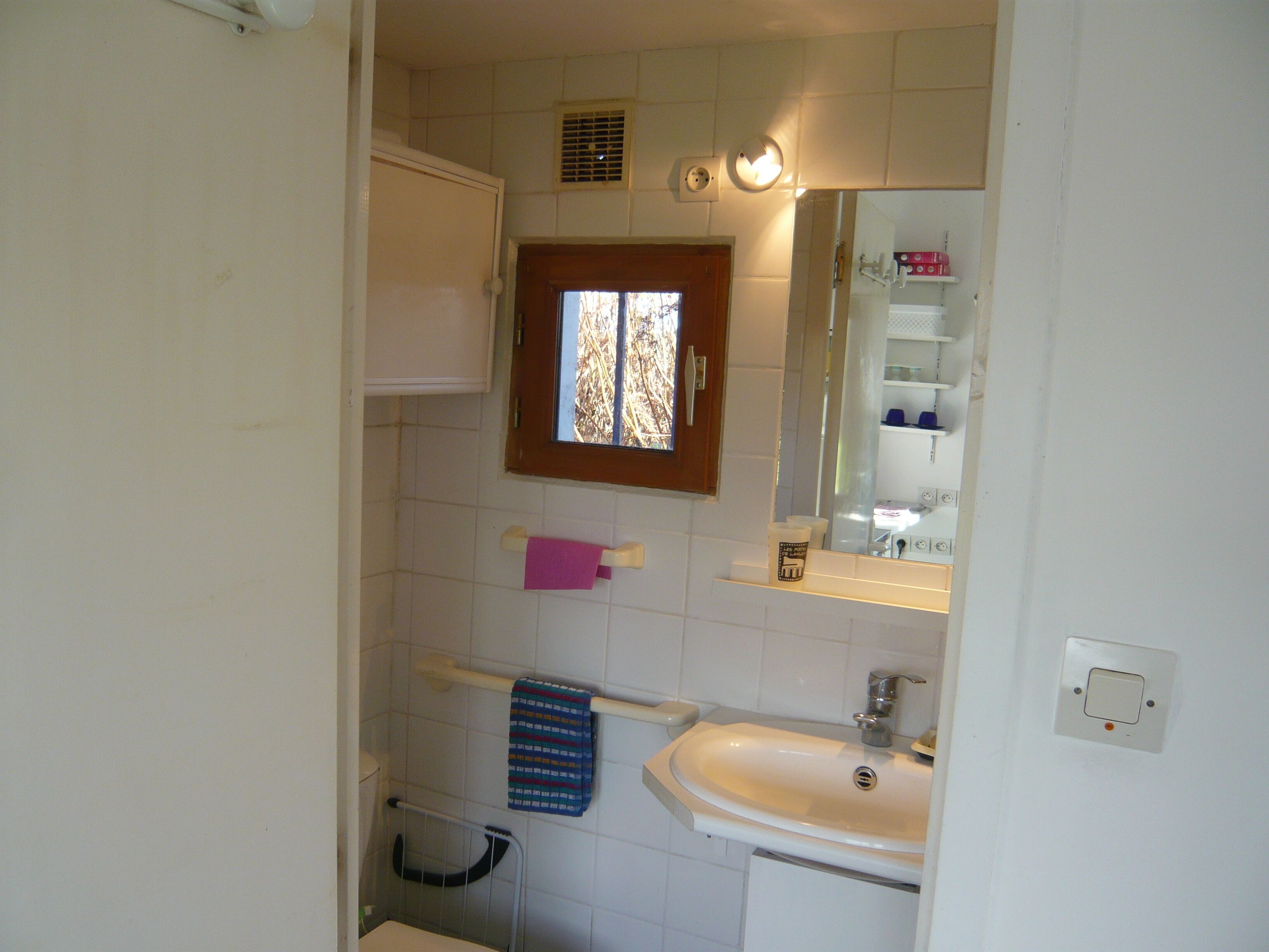 Une petite salle de bain avec un lavabo blanc, un miroir, une fenêtre et un porte-serviettes.