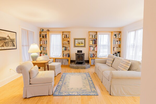 Fireplace, books