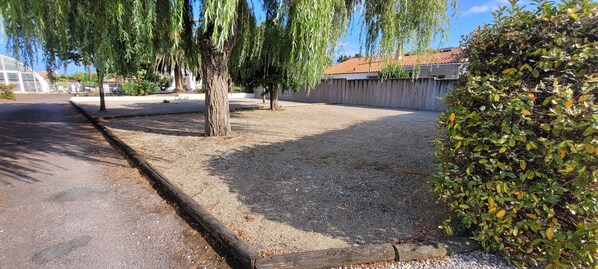 A gravel driveway leading to a house with a wooden fence and a tree in the foreground.