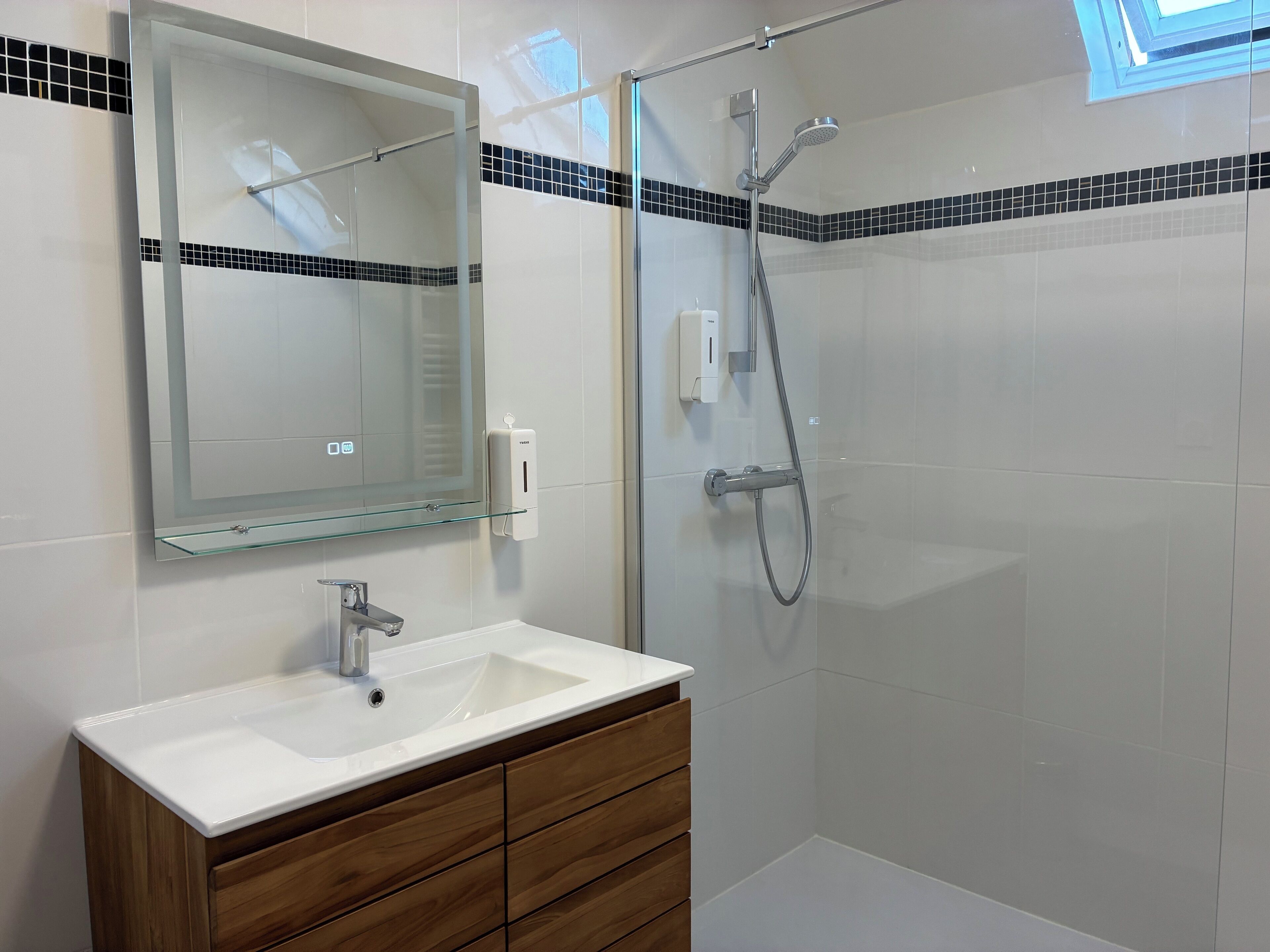 Shower, soap, shampoo, toilet paper
