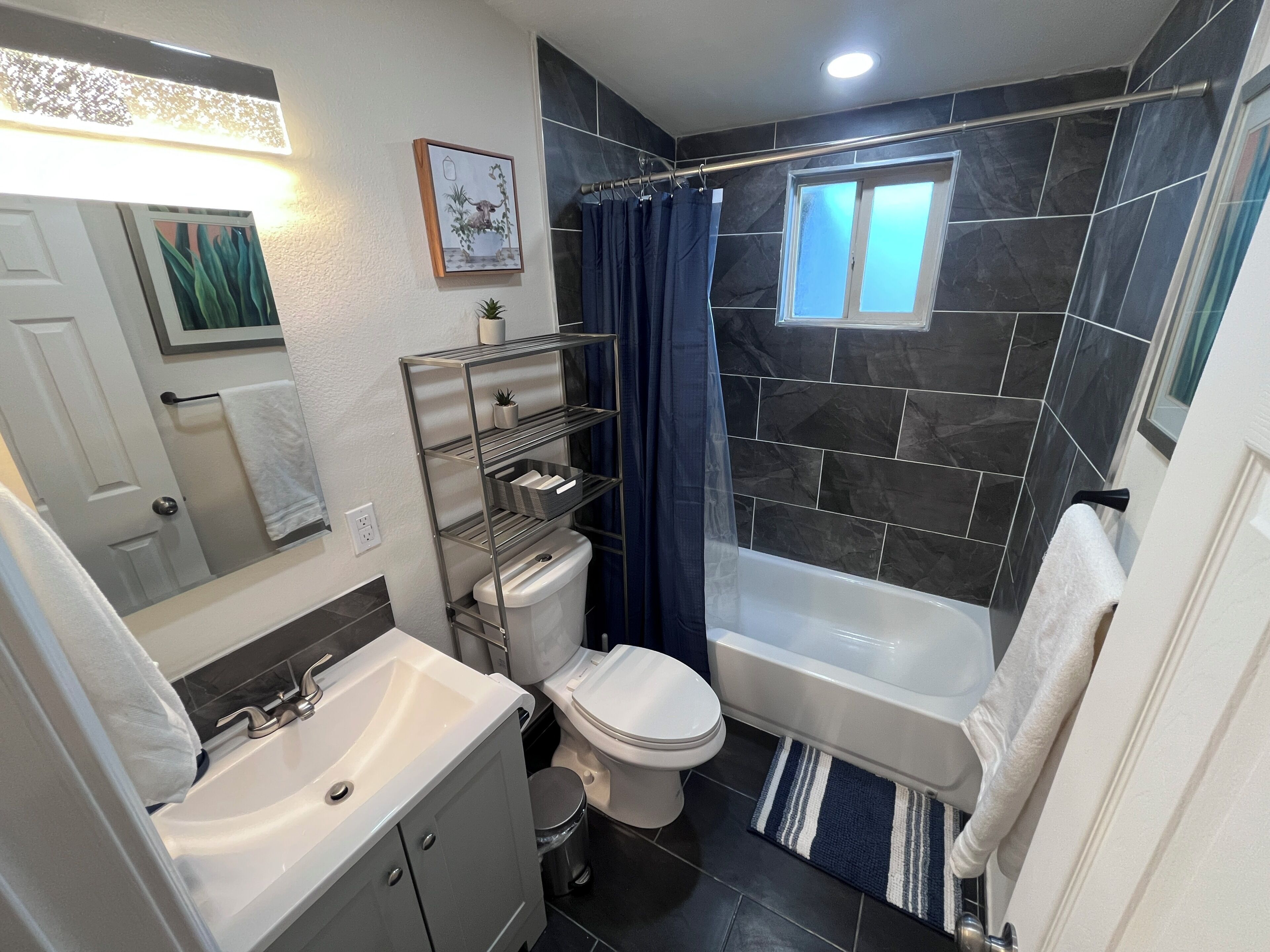 Hair dryer, towels, soap, toilet paper