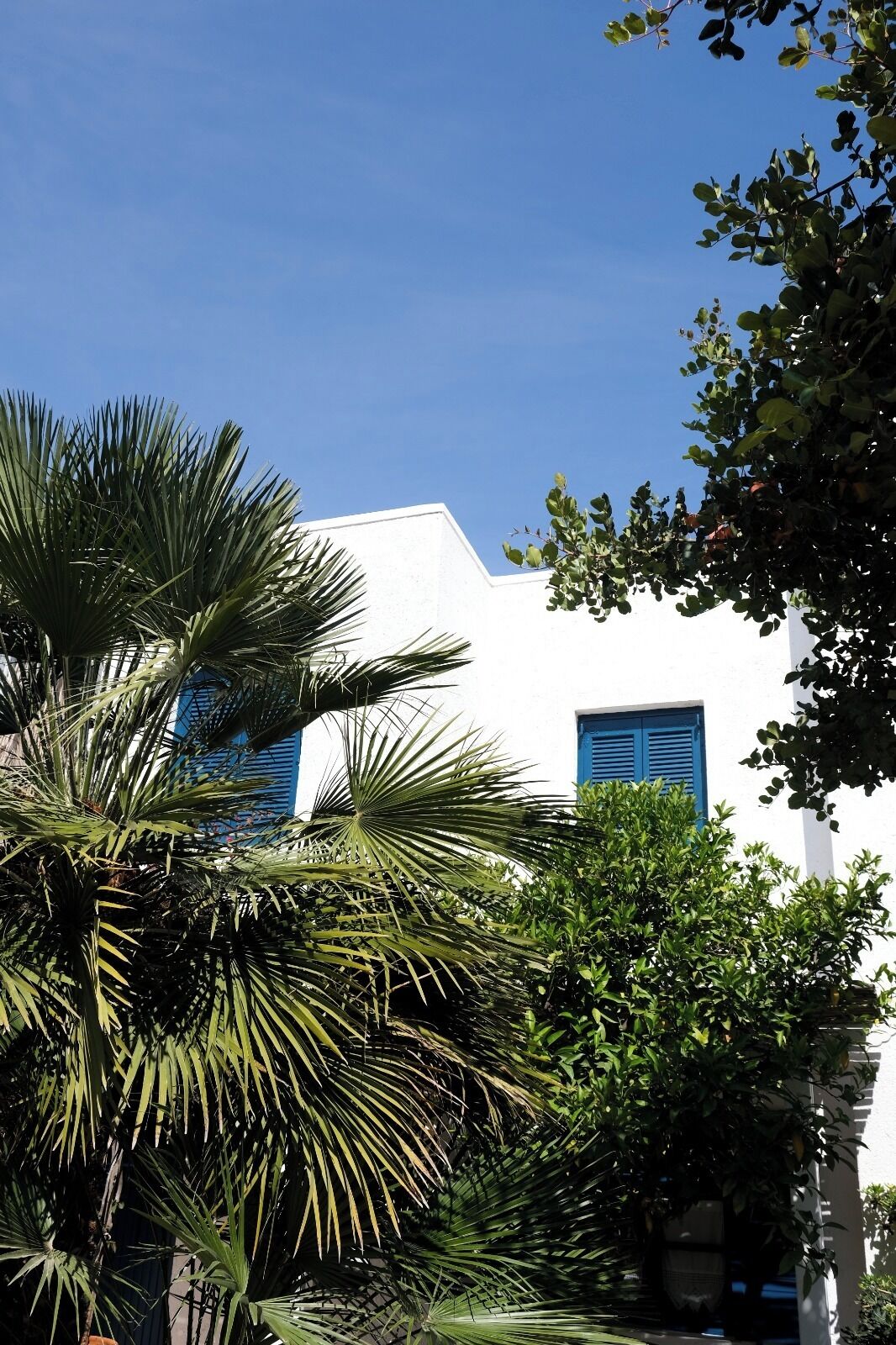 A white building with blue shutters and a clear blue sky.