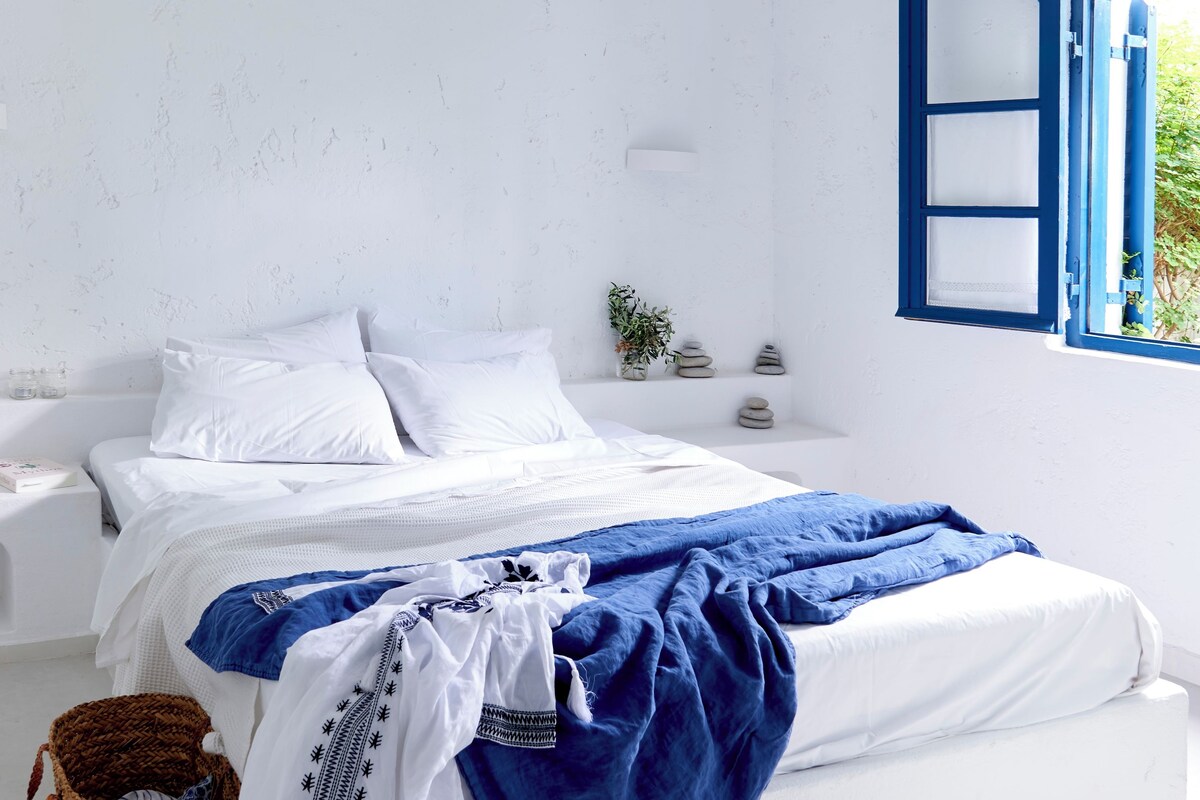 Une chambre à coucher au style minimaliste, avec un lit, des murs blancs, un cadre de fenêtre bleu et une petite plante posée sur la table de chevet.