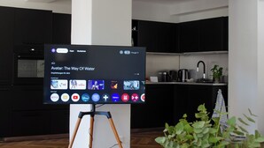 Un salon moderne avec un téléviseur à écran plat posé sur un trépied, un livre intitulé « Petites maisons » sur une table en bois et une plante en pot.