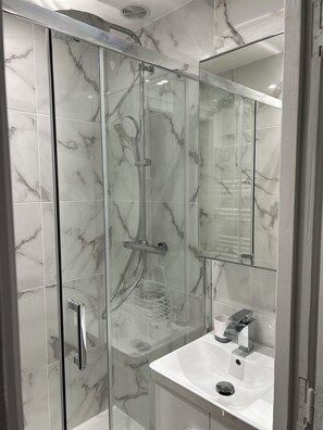 Regadera, secadora de cabello, papel de baño 