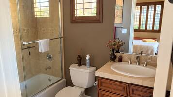 Hair dryer, towels, soap, toilet paper