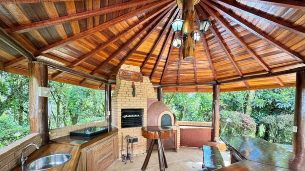Une cuisine extérieure rustique, dotée d’un four en briques, d’un plan de travail en bois et offrant une vue sur une végétation luxuriante.