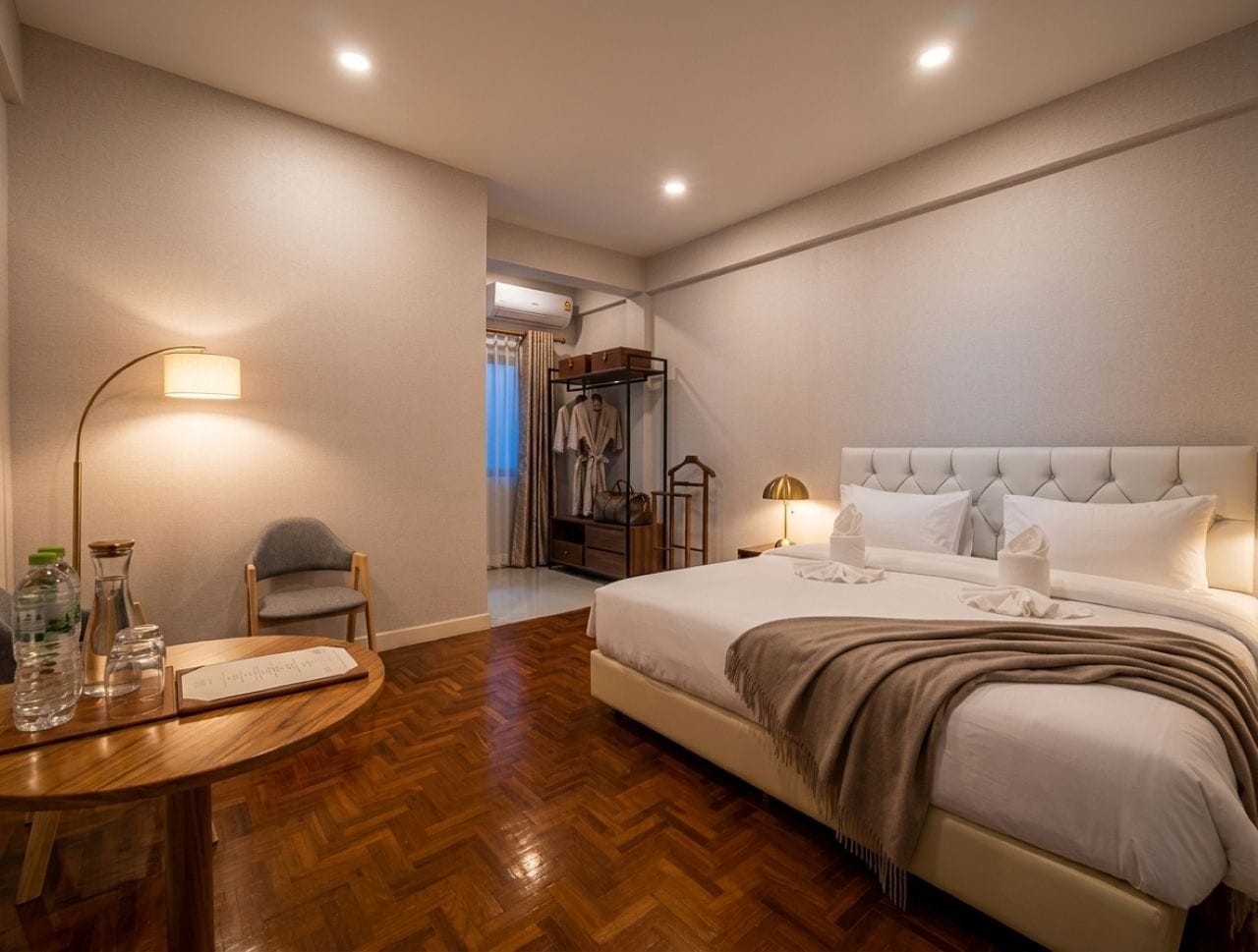 A hotel room with a large bed, bedside lamps, a wooden floor, and a small table with a lamp and water bottles.