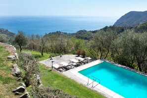 Ein Pool mit Blick auf das Meer, umgeben von Grünflächen und Steinwegen.