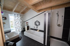 Hair dryer, towels, toilet paper