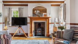Una sala de estar acogedora con chimenea, un televisor sobre un trípode y un sofá.