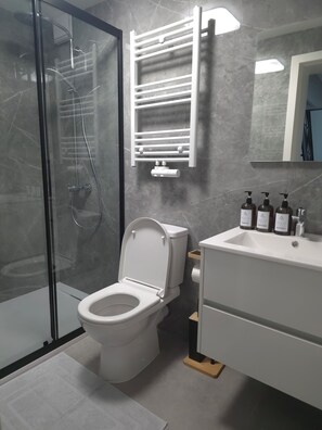 Dusche, Haartrockner, Handtücher, Seife