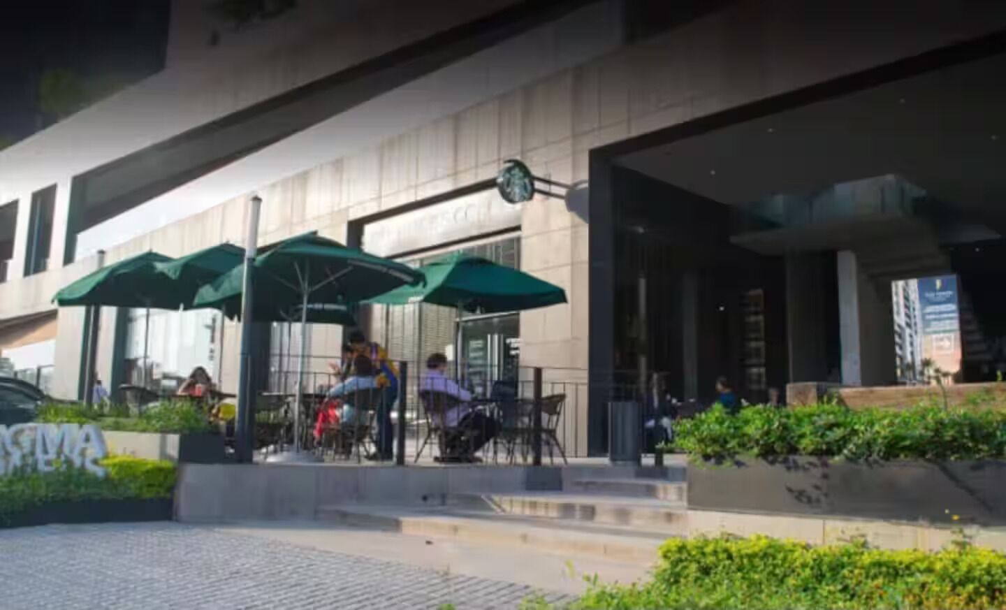 An outdoor seating area with green umbrellas, a paved walkway, and a building entrance.