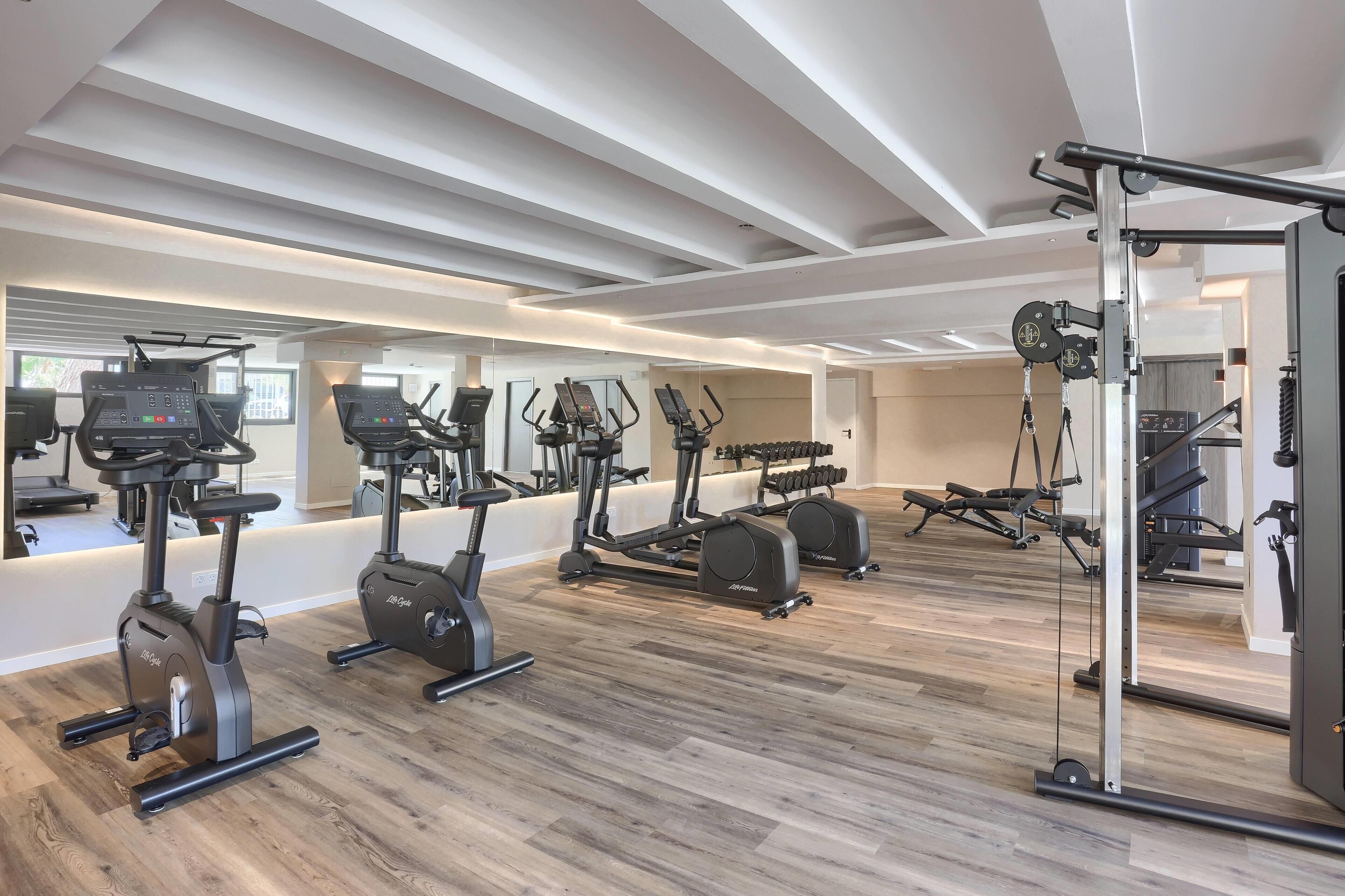 Une salle de sport moderne équipée de divers appareils de cardio, d’une barre de traction et d’un mur avec des miroirs.