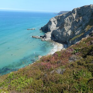 Eine Küstenlandschaft mit felsigen Klippen, klarem türkisblauem Wasser und einem Sandstrand.