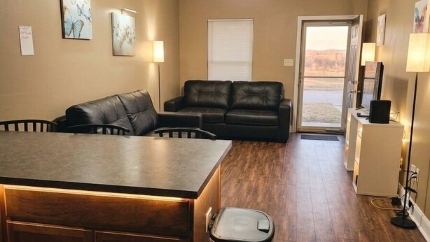 A modern living room with a kitchen island, a black leather sofa, a ceiling fan, and artwork on the walls.
