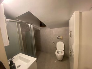 Ducha, secador de pelo, zapatillas y toallas