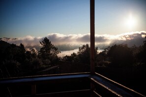 Vista de un paisaje boscoso con cielo despejado y el sol brillando entre las nubes.