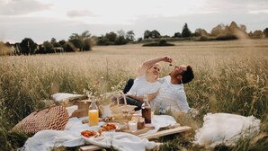 A picnic setup in a grassy field with a blanket, food, and drinks. - Hisa Krasna (Sežana)