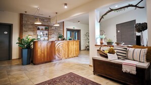 A modern hotel lobby with a wooden reception desk, a sofa with cushions, a patterned rug, and a decorative branch on the wall. - Hisa Krasna (Sežana)