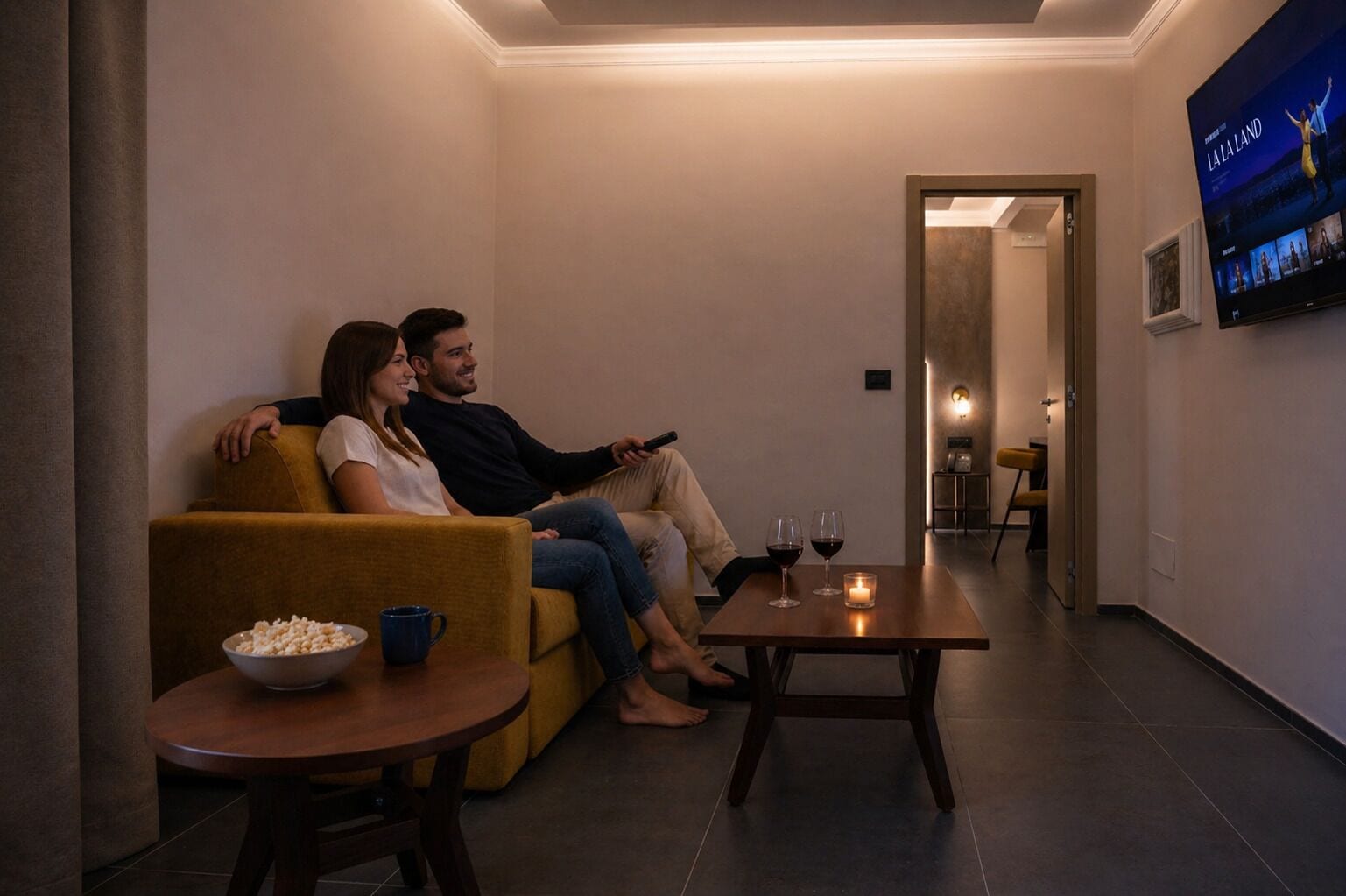 Una pareja sentada en un sofá mirando televisión en una sala de estar moderna, con una mesita y un tazón de palomitas.