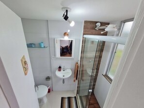 Shower, towels, soap, toilet paper