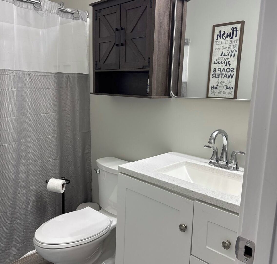 A bathroom with a white toilet, a sink with a chrome faucet, and a dark wooden cabinet above the sink.