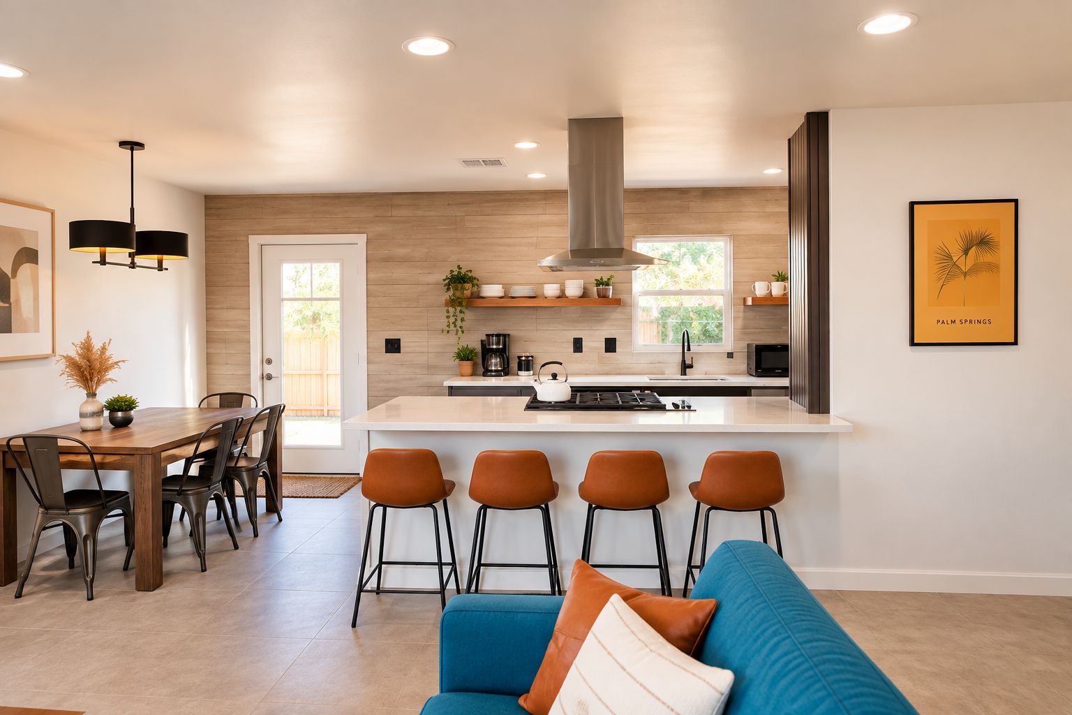 A modern kitchen with a central island, bar stools, and a dining area with a table and chairs.