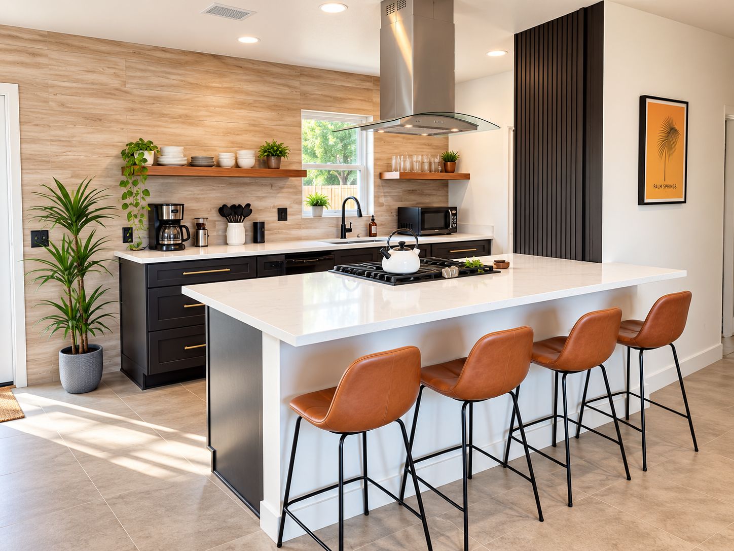 Una cocina moderna con una isla grande, taburetes de bar y vistas al exterior.
