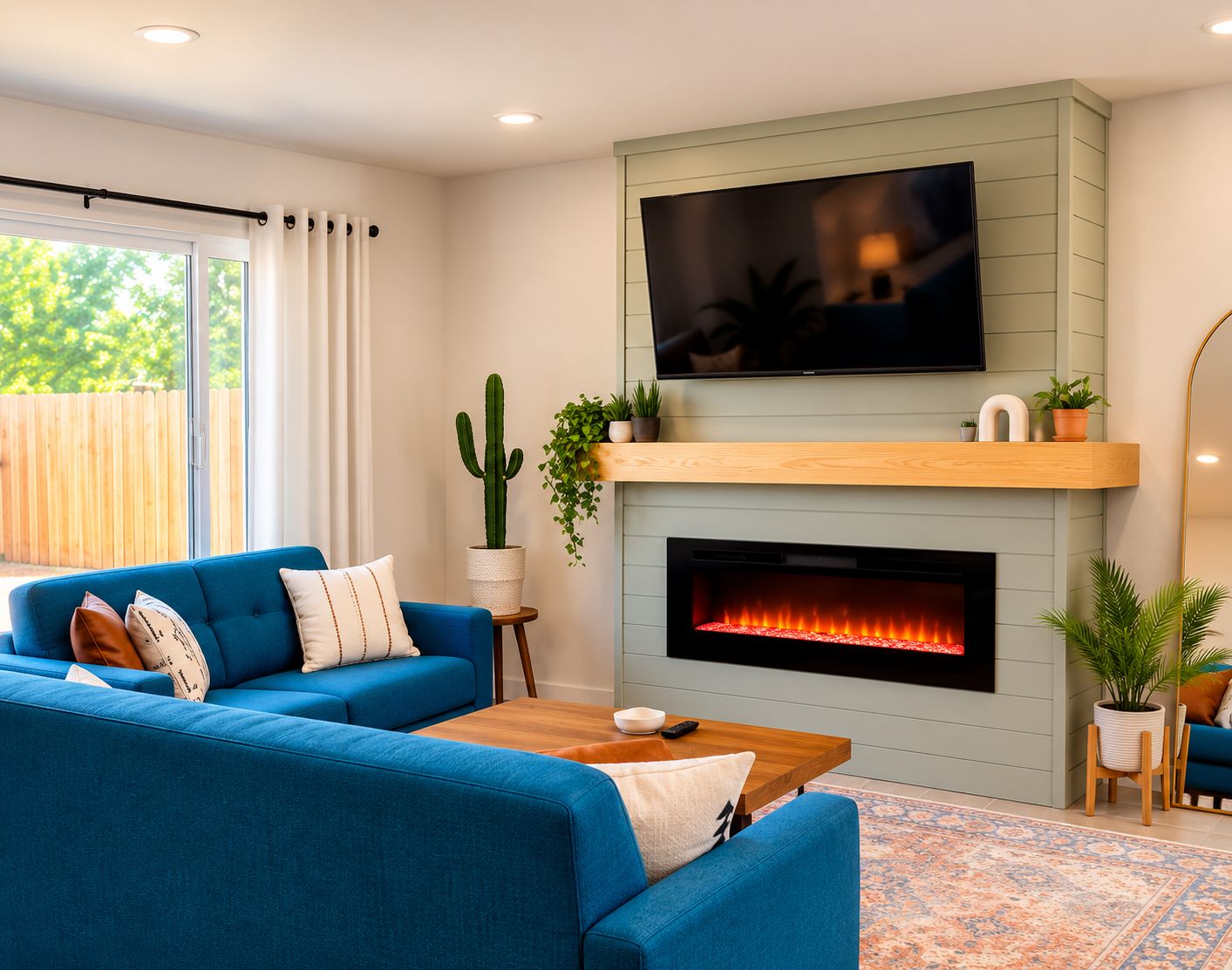 Ein Wohnzimmer mit einem blauen Sofa, einem Kamin, einem flachbildfernseher über dem Kamin und einem Couchtisch aus Holz.