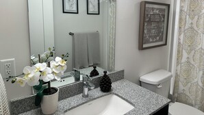 Ein Badezimmer mit einer Granit-Arbeitsplatte, einem weißen Waschbecken, einem Spiegel, einer Toilette und einer Duschvorhang. An der Wand hängen zwei gerahmte Bilder und auf der Arbeitsplatte steht ein Orchideenstrauch in einem Topf.
