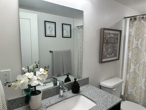 Hair dryer, towels, soap, toilet paper