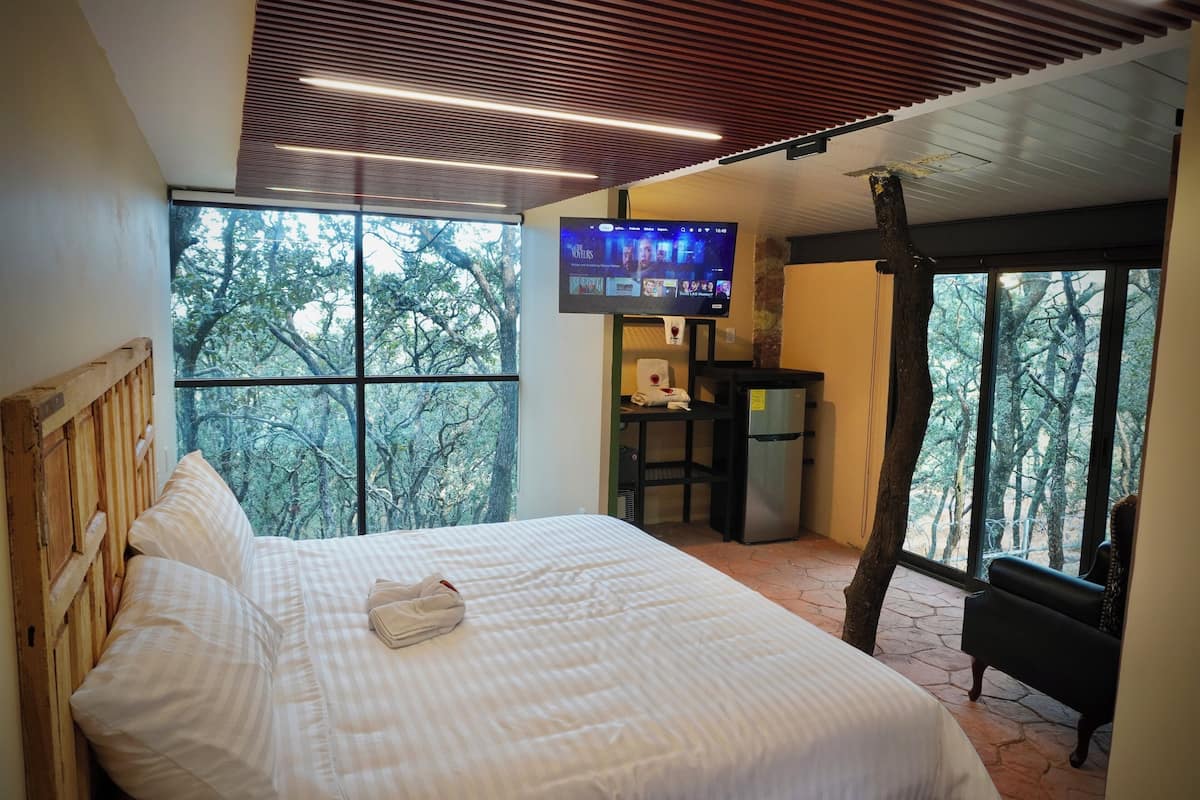 A bedroom with a large bed, a television mounted on the wall, and a view of trees through large windows.