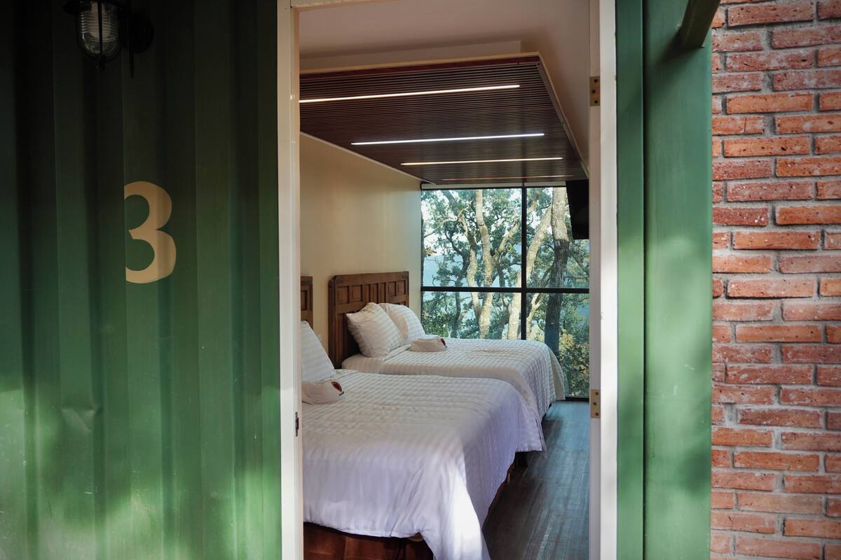 A room with two beds, a large window, and a green door with the number 3.